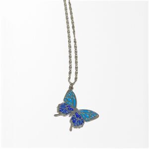 Butterfly Charm Pendant Necklace Blue Stained Glass Style Silver Tone 21" Chain